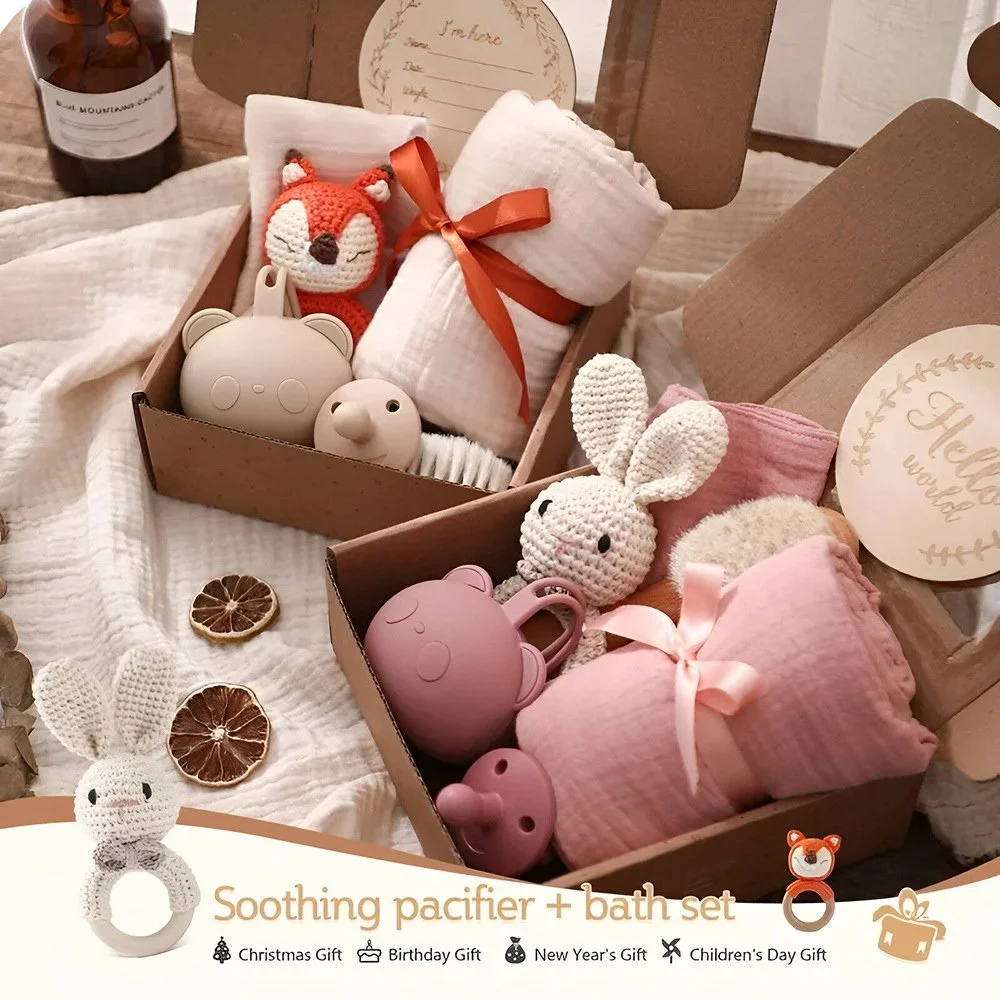 Newborn Baby Bath Set with Cotton Blanket, Rattle & Accessories