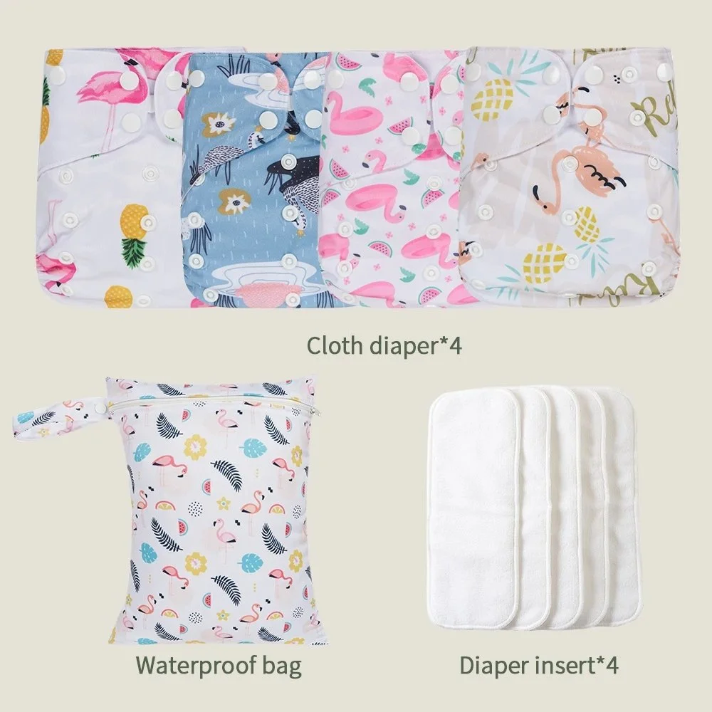 4-Piece Waterproof Pocket Cloth Diaper Set with Inserts & Wet Bag