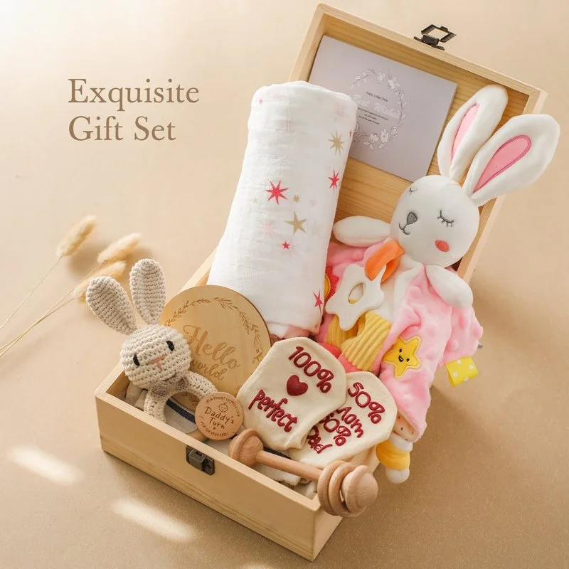 Newborn Baby Gift Set with Towel, Rattle, Socks, Bath Toy & Milestone Cards