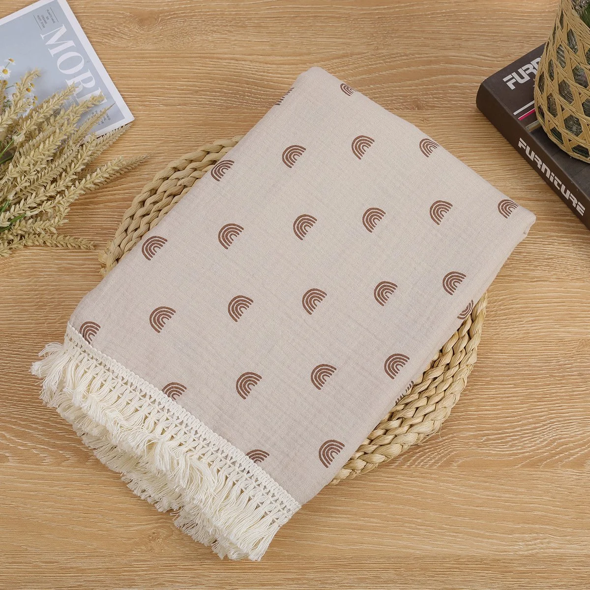 Soft Cotton Muslin Baby Swaddle Blanket with Tassels