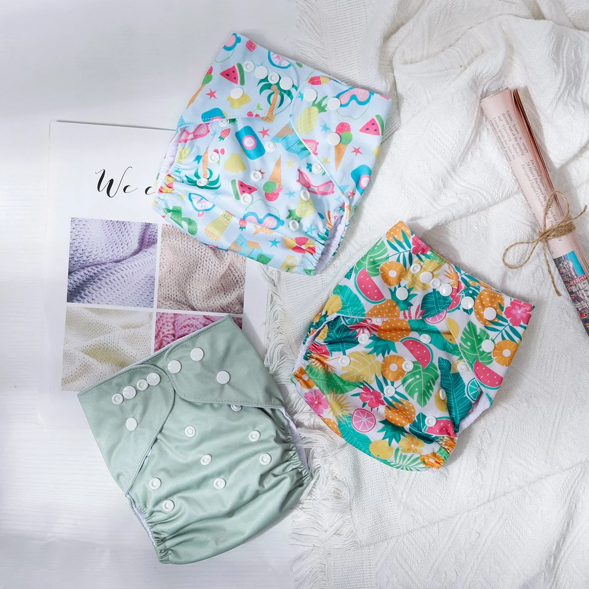 Reusable 3-Piece Cloth Diaper Set with Cartoon Print