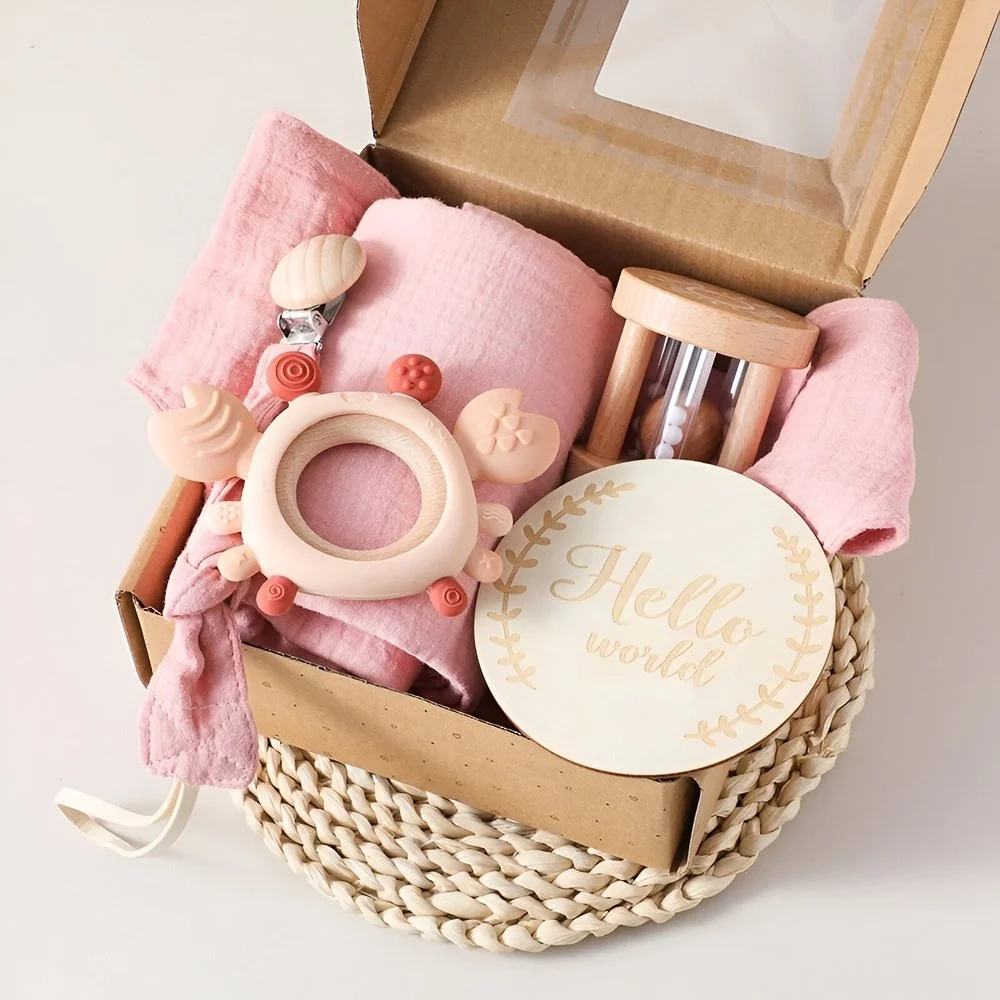 6PC Baby Bath Toy Set with Cotton Towel, Pacifier Clip, Silicone Teether & Wooden Rattle