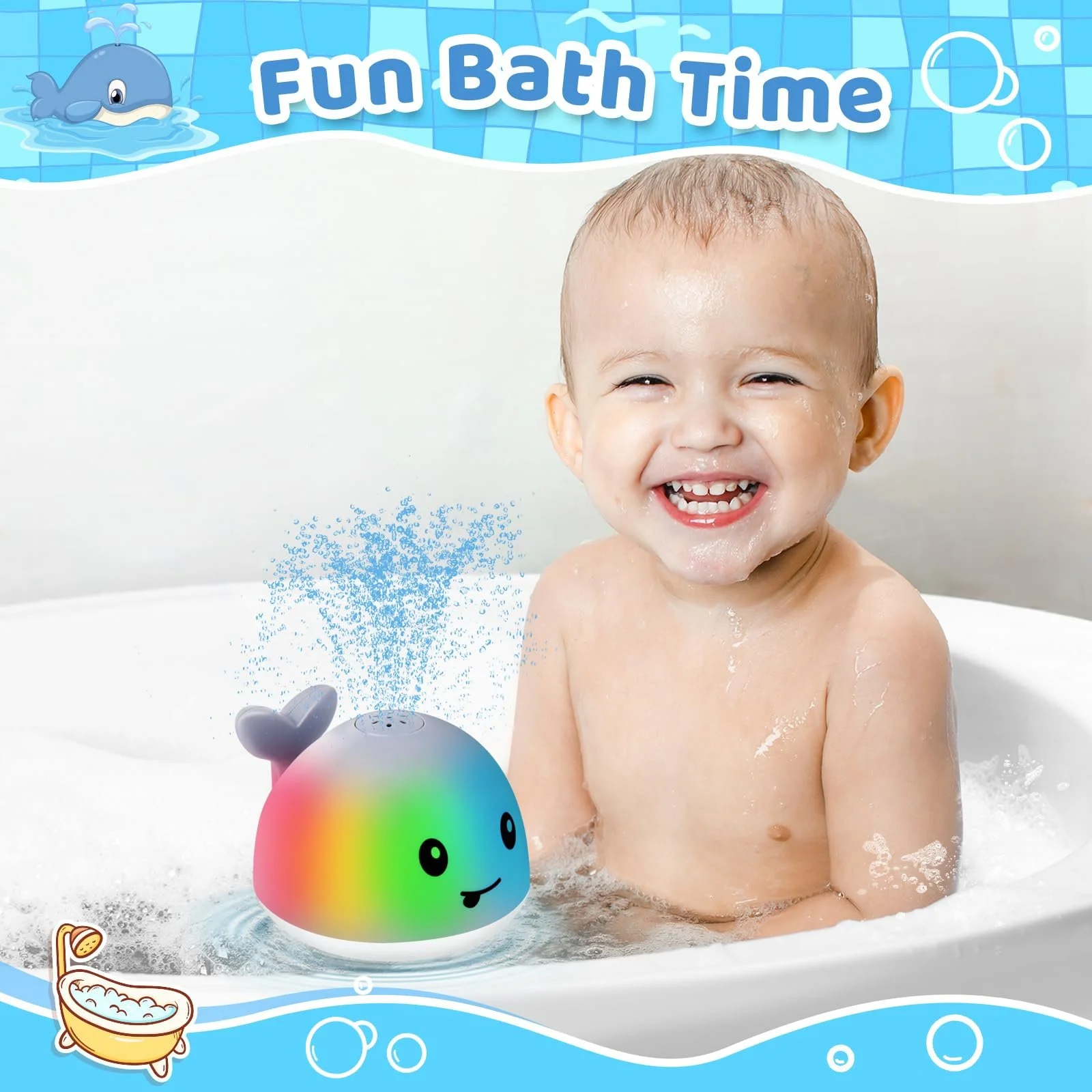 Rechargeable Light-Up Whale Bath Toy with Spray & Waterproof Design