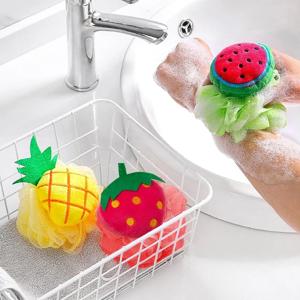 4 Pcs Kids Bath Shower Sponge Pouf - Soft Mesh Loofah Balls with Hooks, Fun Fruit Designs