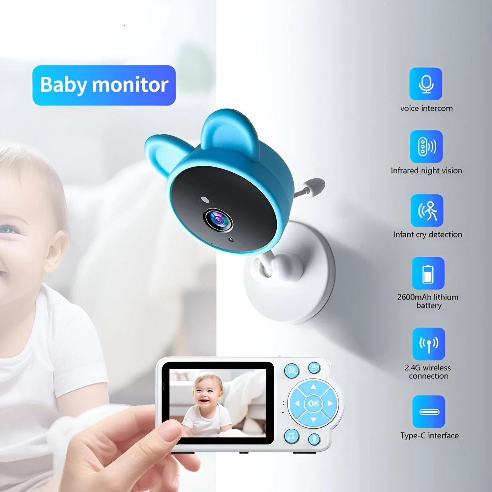 Baby Monitor with Audio Intercom, Night Vision, Camera & 2.8" Screen Display