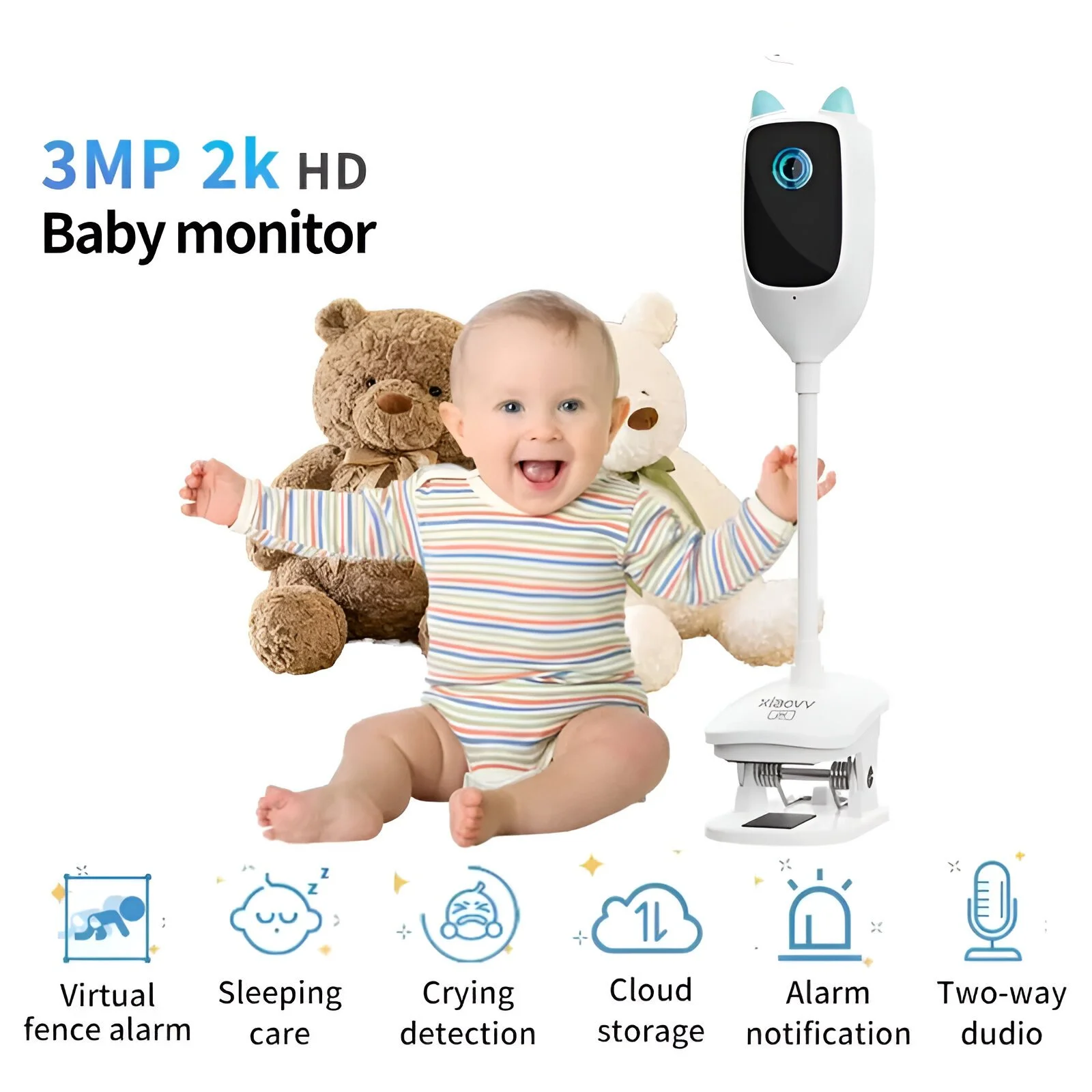 2K WiFi Baby Monitor with Crying Detection, Night Vision & 360° Rotation