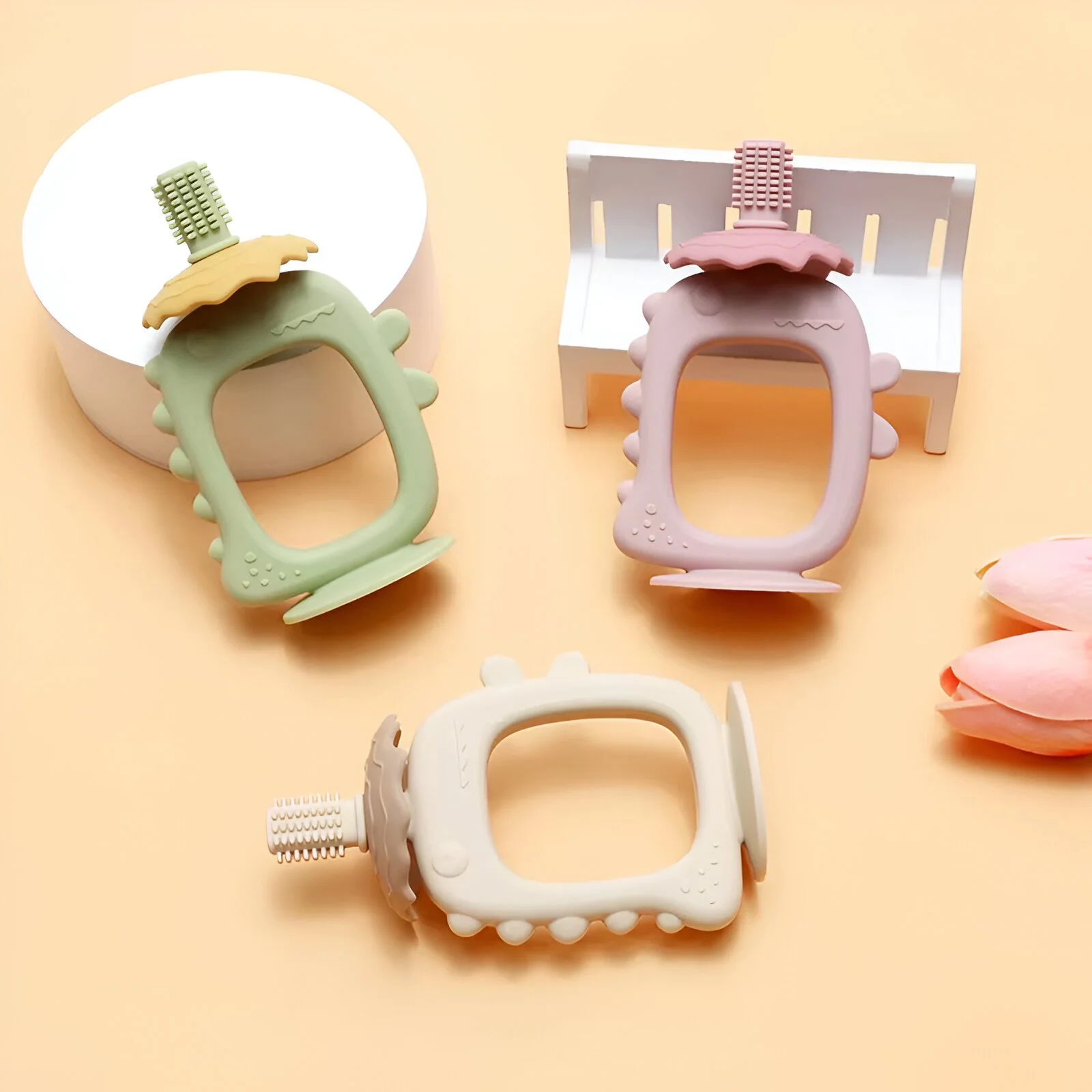Baby Dinosaur Silicone Teething Toy & Toothbrush – BPA Free Infant Chew Toy