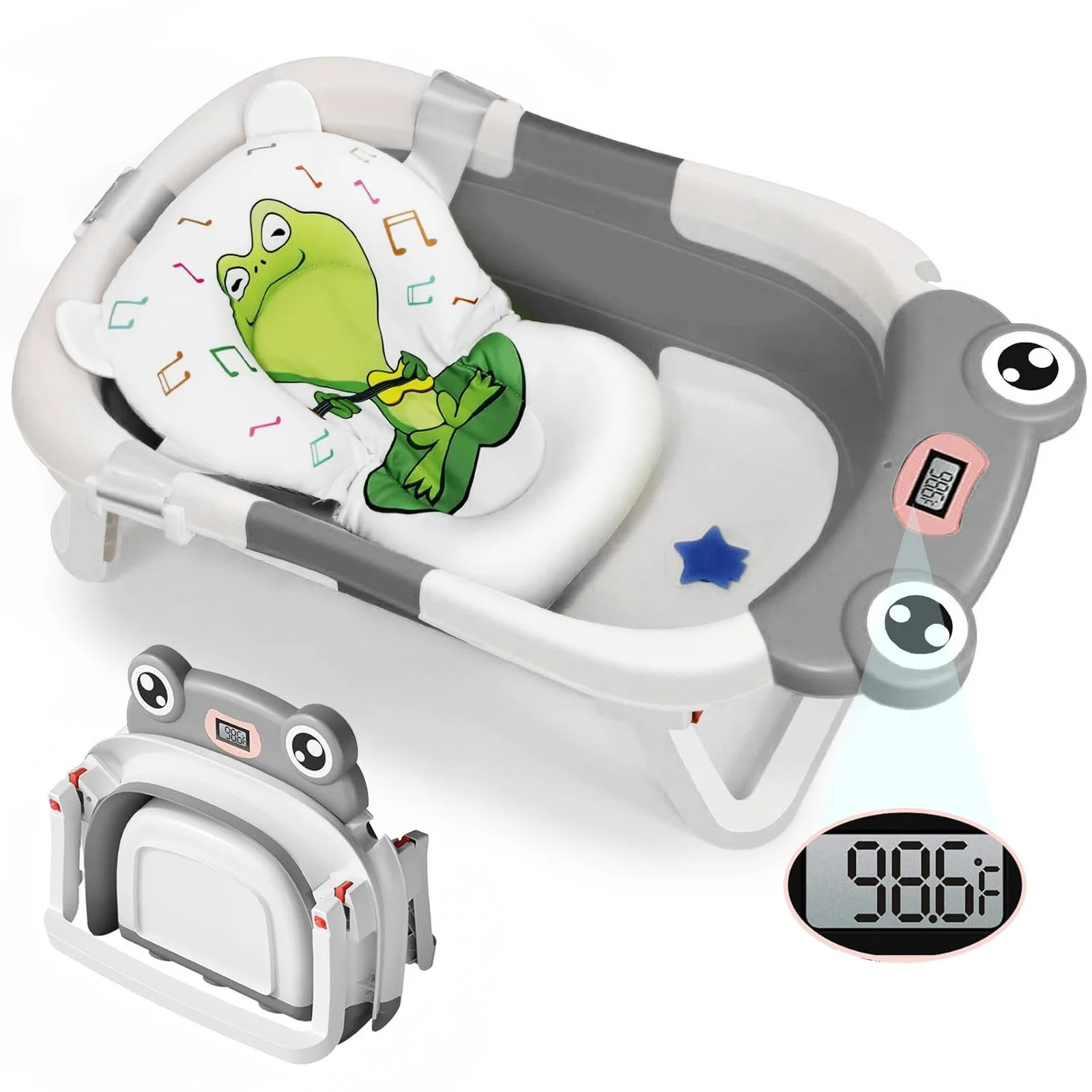 Foldable Baby Bath Tub with Cushion & Thermometer – Non-Slip, Portable, Safe for 0-36M