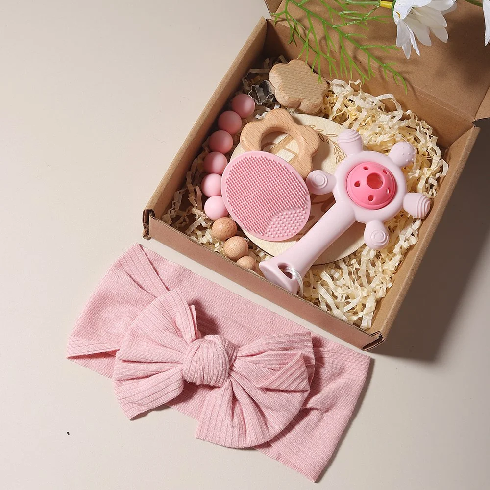 Baby Milestone Gift Set with Flower Teething Pacifier, Rattle, Hair Brush, and Headband