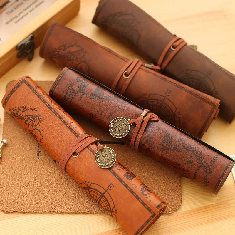 Vintage PU Leather Pencil Case - Retro Roll Makeup Brush Pouch & Stationery Storage Bag