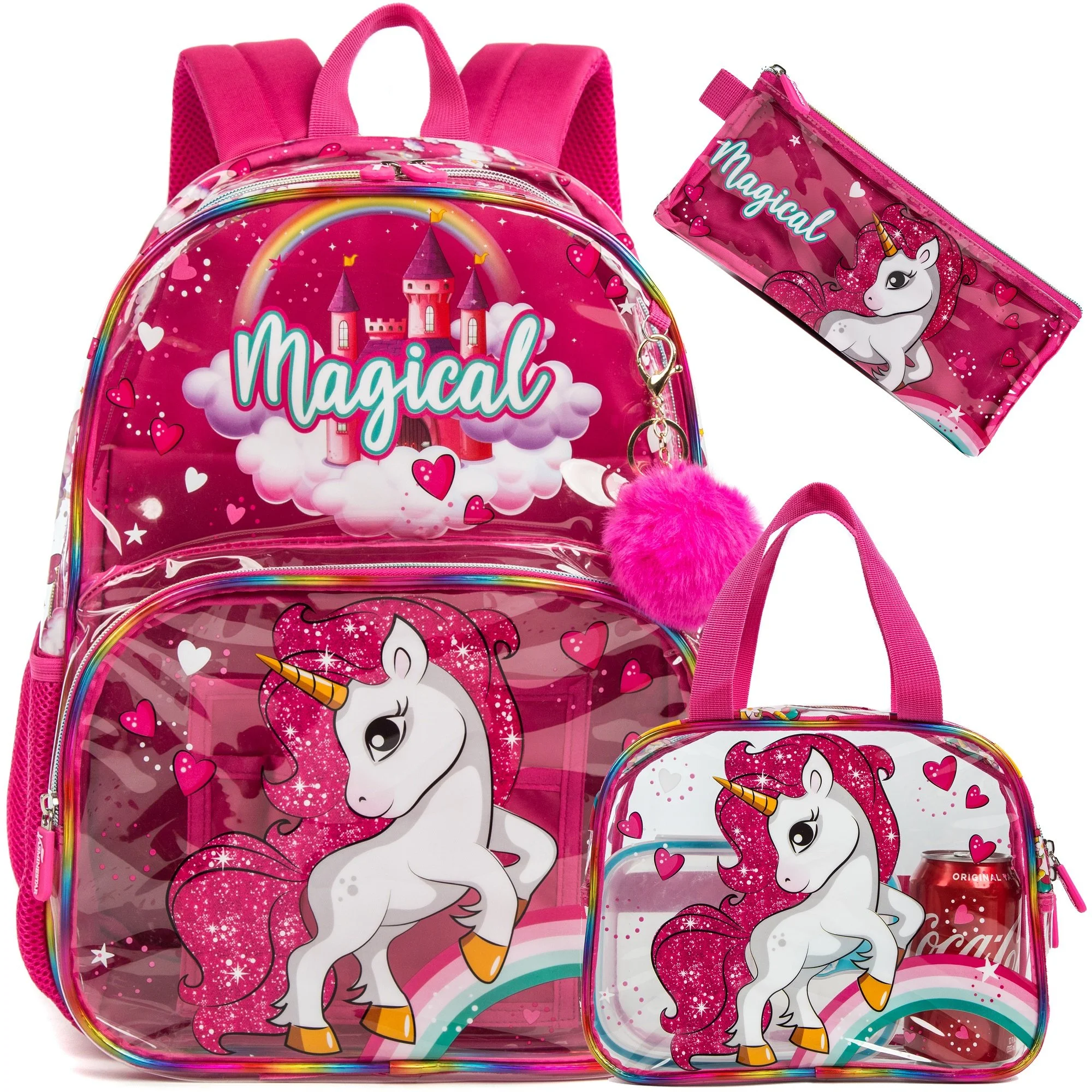 Clear PVC Backpack Set for Girls - Heavy Duty 3 in 1 School Bag with Crossbody Bag