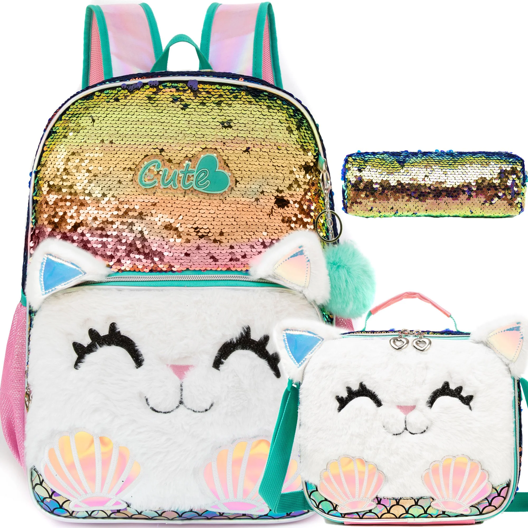 Cute Cat Sequin Backpacks for Girls with Lunch Box and Pencil Case