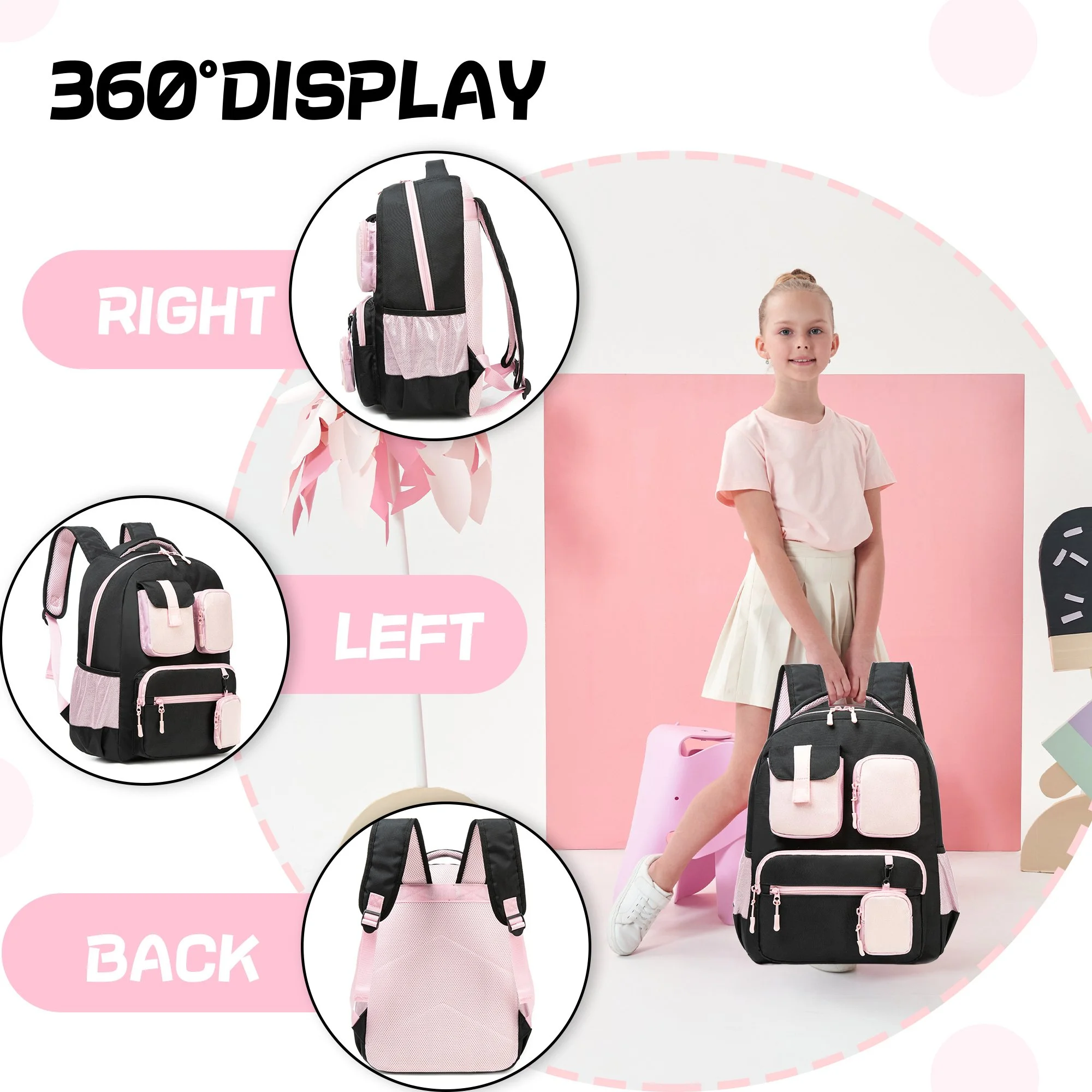 Girls Multi-Pocket Backpack with Lunch Bag and Pencil Case - Perfect for School