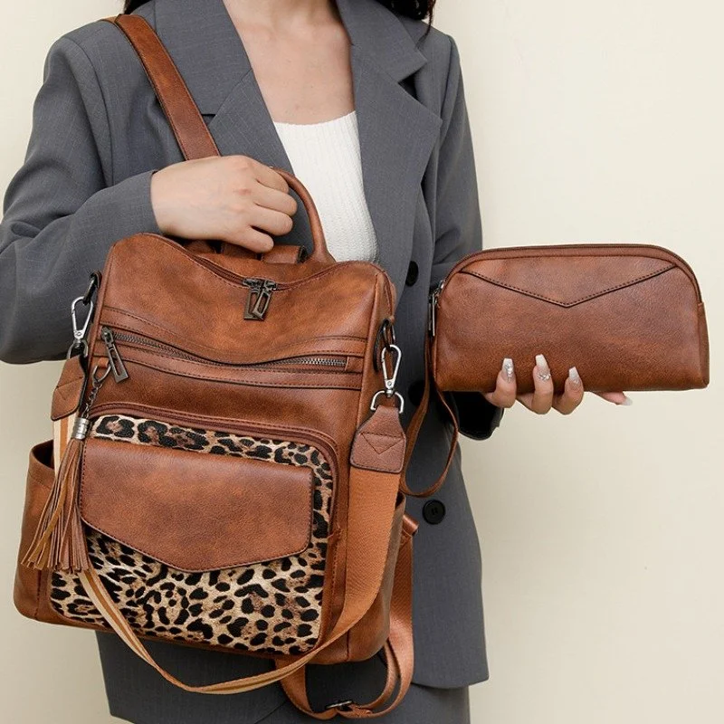 Large Two-Toned Brown Leather Backpack for Women