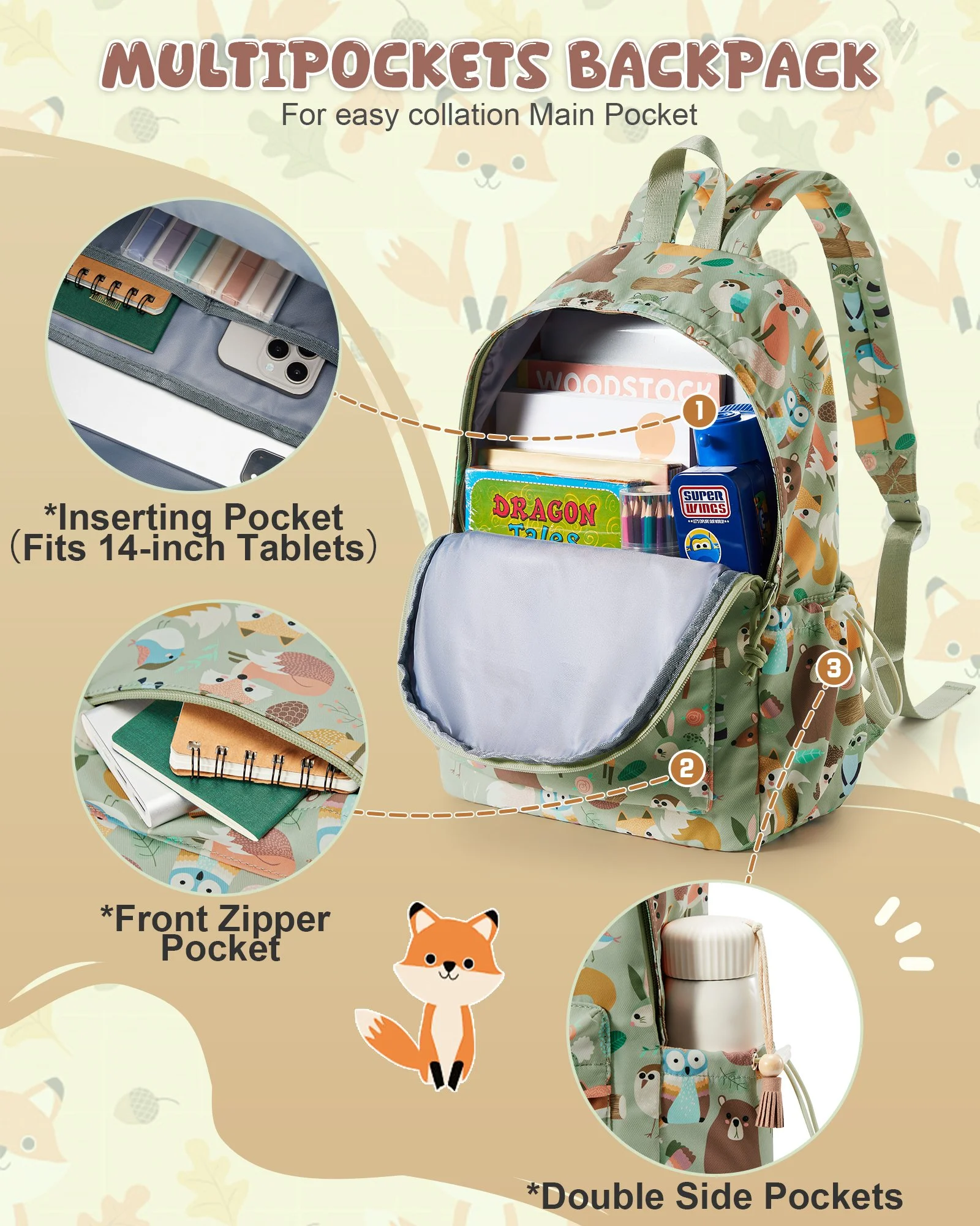 Lightweight Waterproof Kids Backpack - Cute Animal Print Design