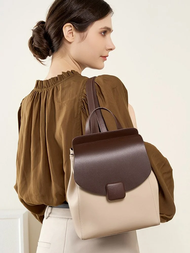 Preppy Split Leather Small Backpack – Stylish Multipocket Travel Satchel