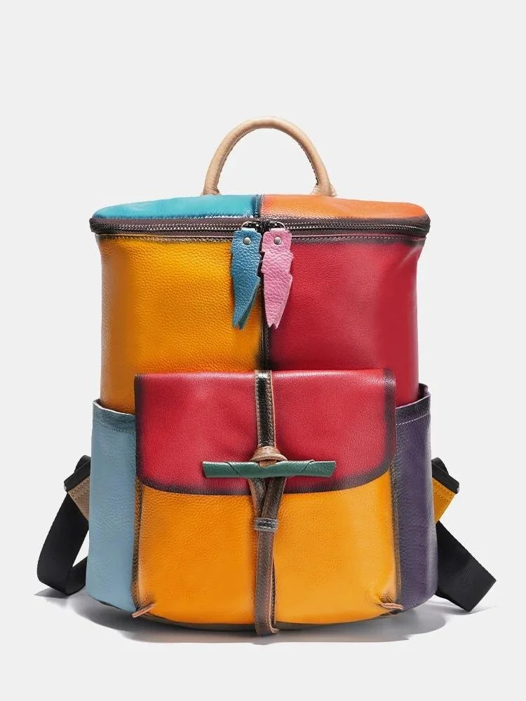 Soft Cow Leather Backpack - Colorful Patchwork Rucksack - Large Capacity Bookbag