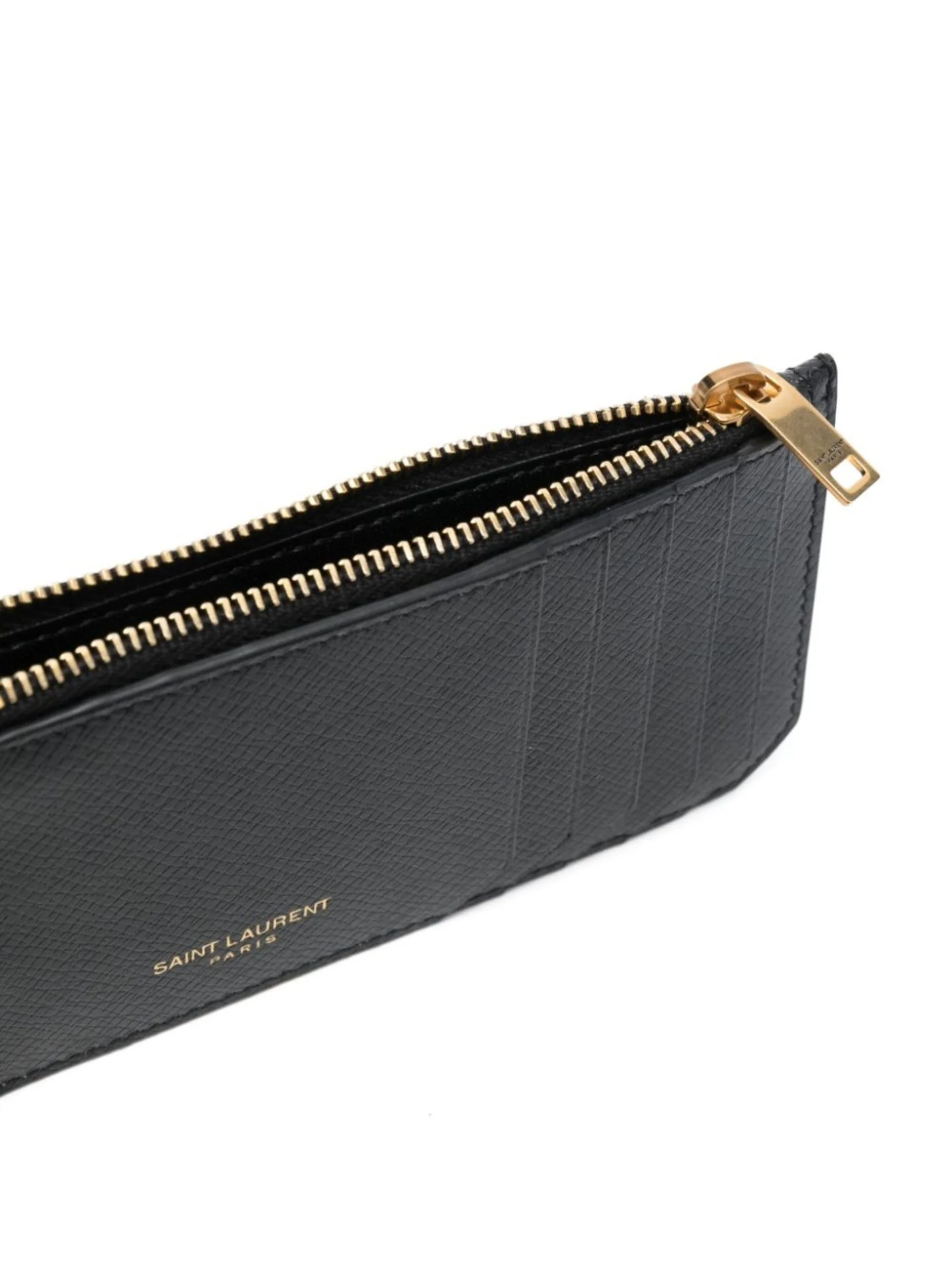 Saint Laurent Calfskin Card Holder with Zippered Pocket and Logo Detail