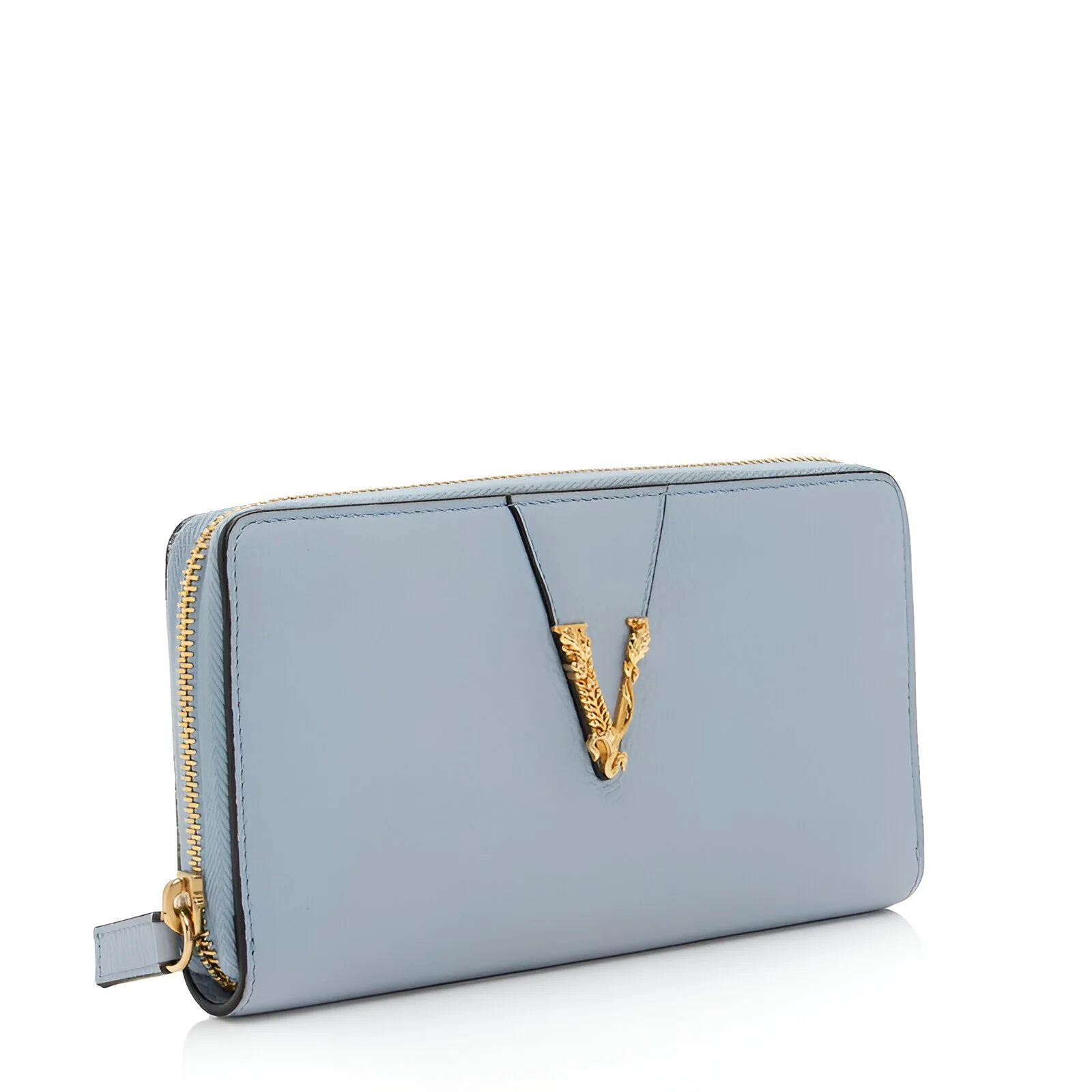 Large Cornflower Grainy Leather Gold Monogram Zip Around Clutch Wallet