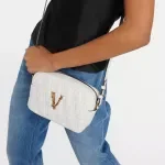 Versace White Nappa Leather Crossbody Bag with Logo and Zipper Closure