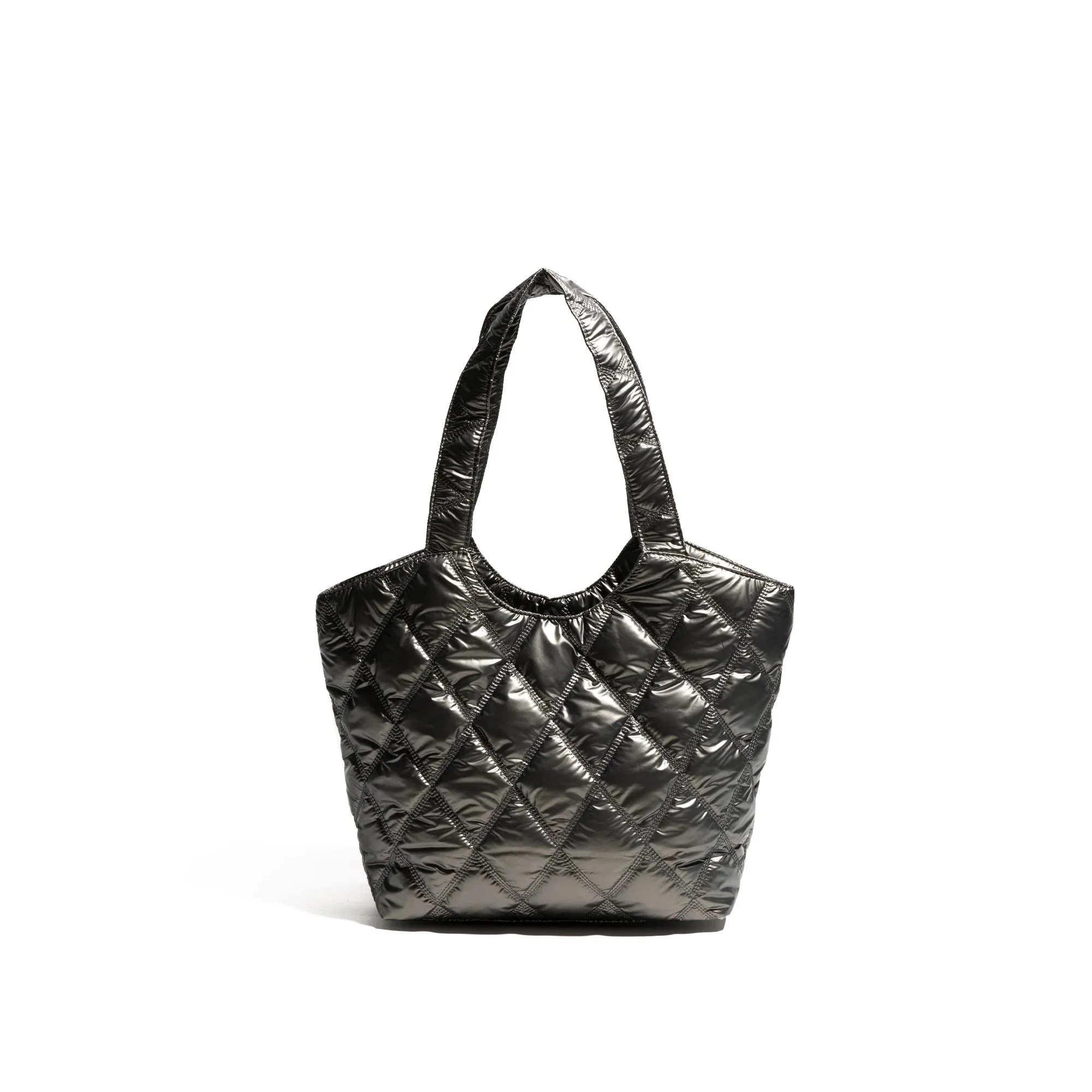 Diamond Lattice Black Padded Down Tote Bag with Large Capacity