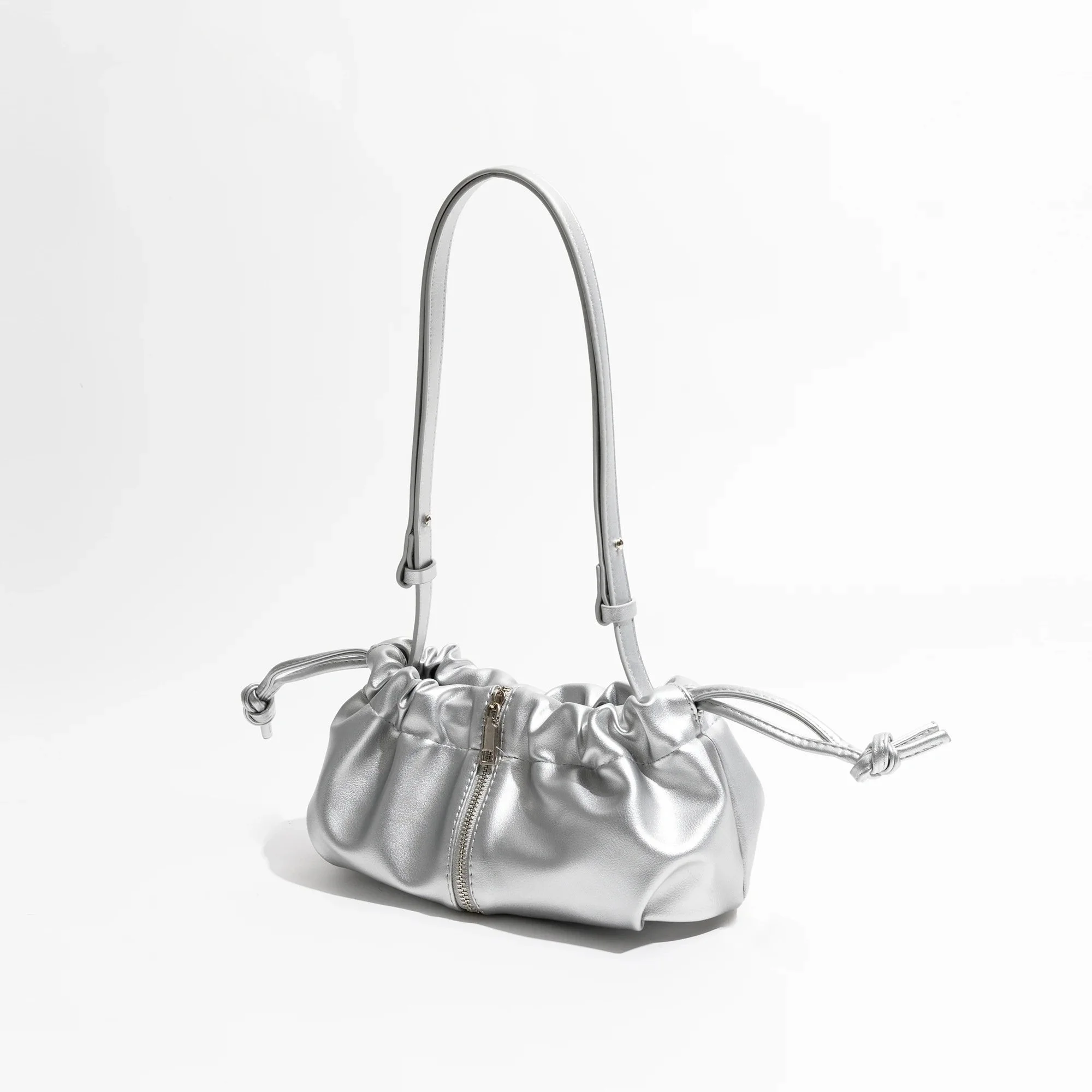Simple PU Leather Pleated Shoulder Bag with Adjustable Strap