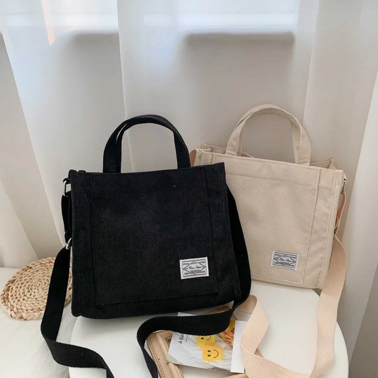 Corduroy Crossbody Tote Bag