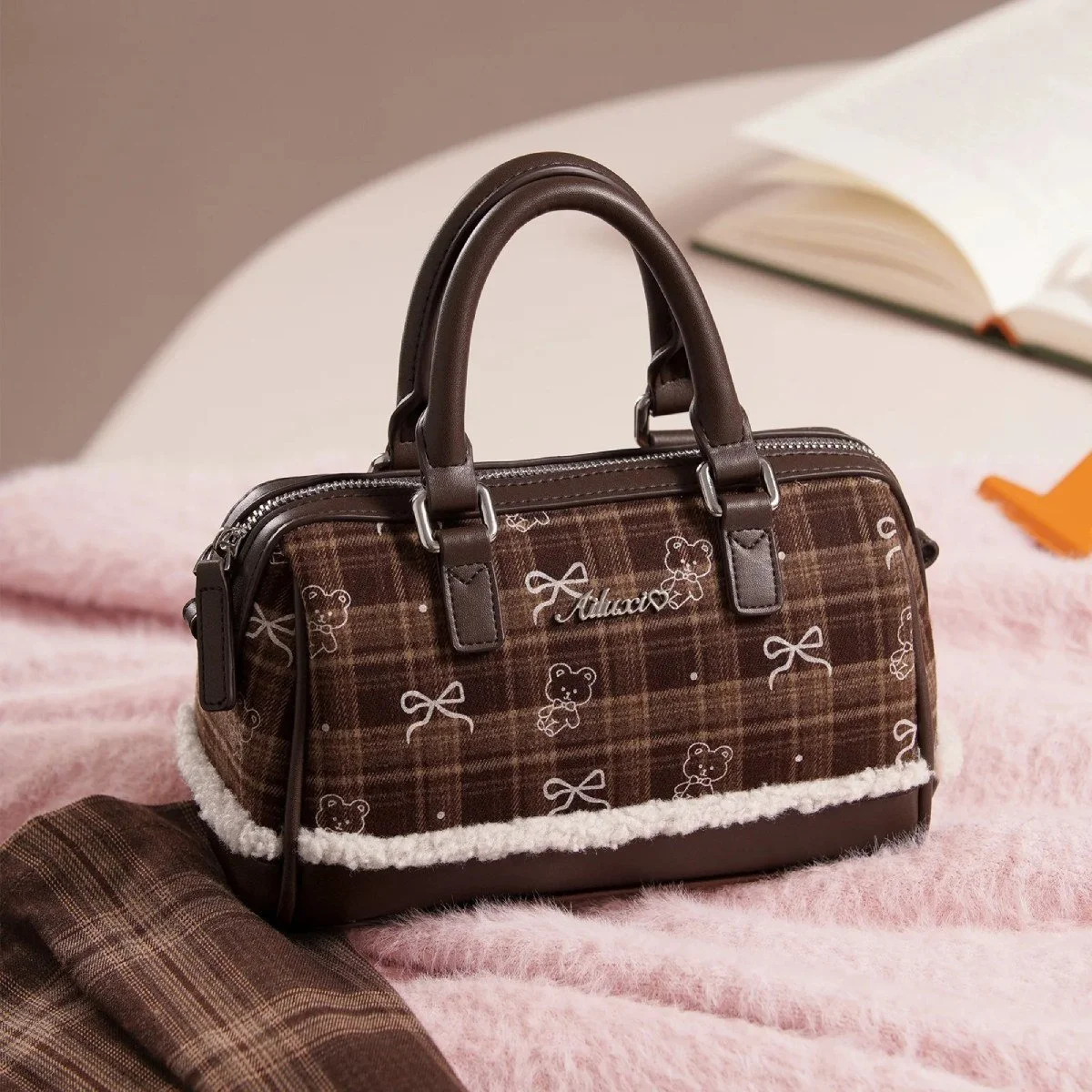 Vintage Plaid Teddy Bear Plush Bowling Bag