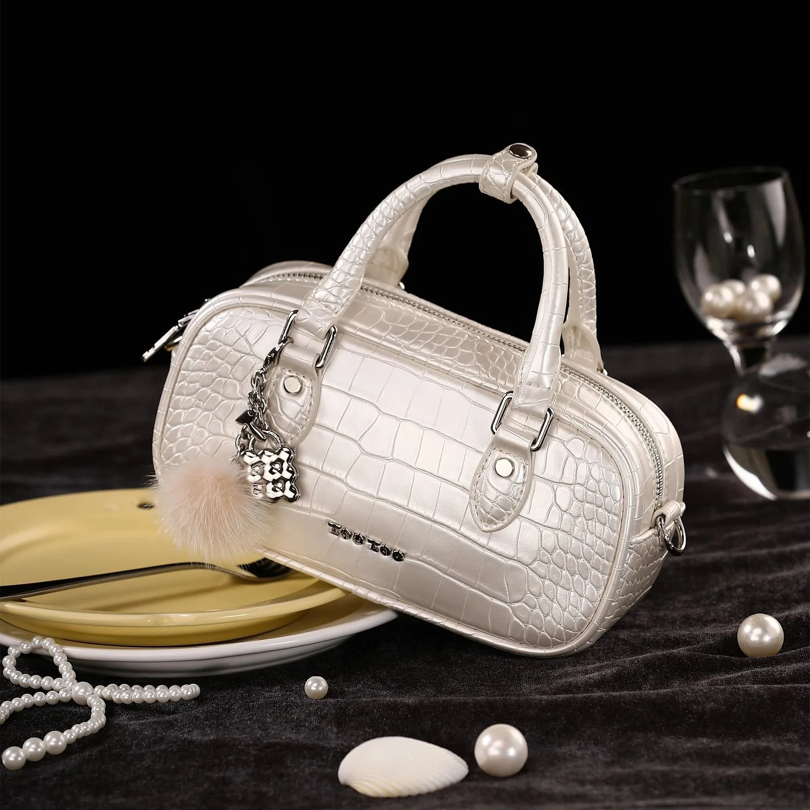 Vintage Leather Bowling Bag for Women with Adjustable Shoulder Strap