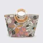 Flower Embroidery Sequin Large Tote Bag with Rattan Handle