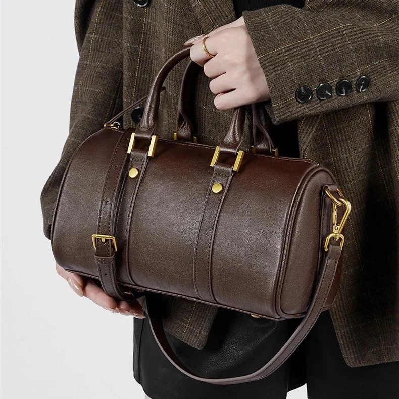 Vintage Cowhide Genuine Leather Boston Small Shoulder Crossbody Bag for Women