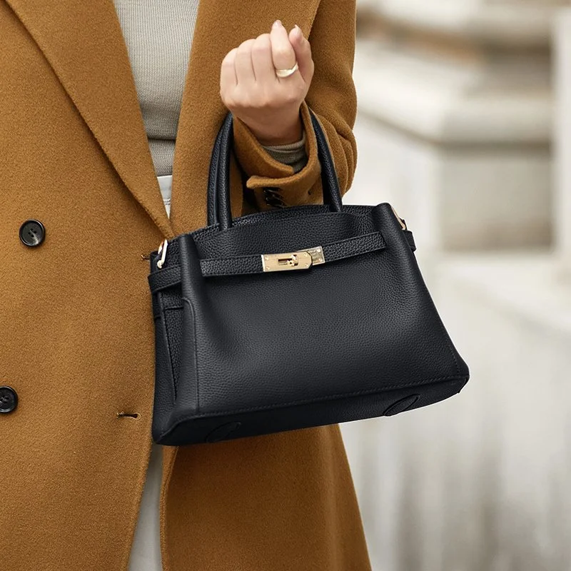 Women's Genuine Leather Black Tote Handbag with Adjustable Strap