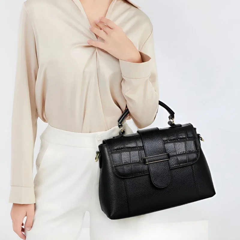 Stylish Women's Black Cowhide One Shoulder Crossbody Bag