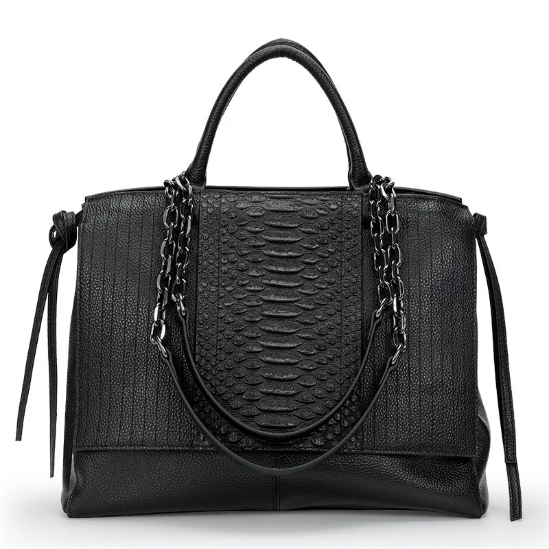 Large Capacity Black Cowhide Handbag with Crocodile Pattern