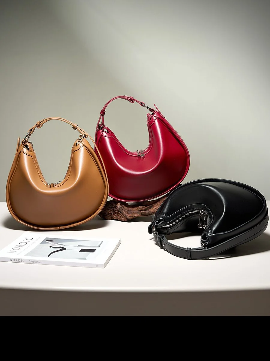 Luxury Genuine Leather Crescent Shoulder Bag for Women