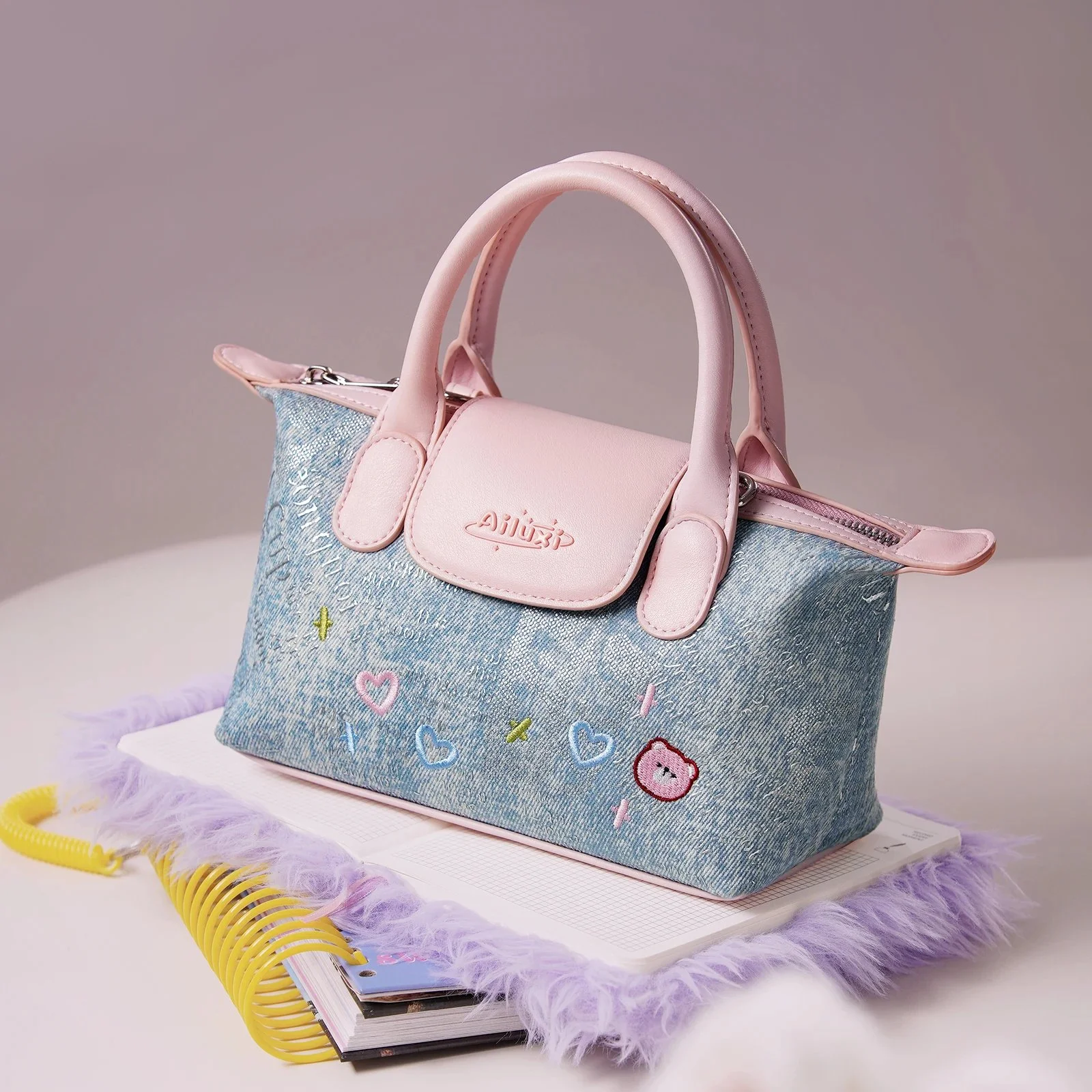 Denim Blue and Pink Mini Dumpling Shoulder Bag