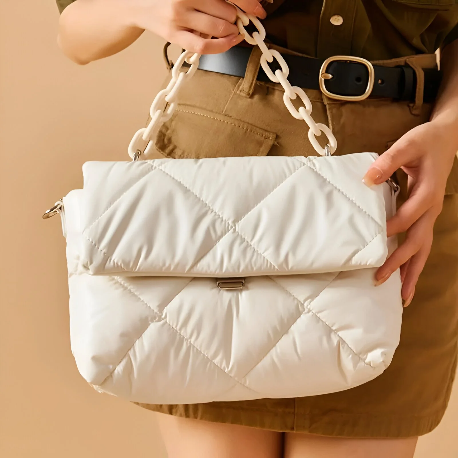 Large Capacity Feather Down Leather Shoulder Bag – Soft Chain Crossbody