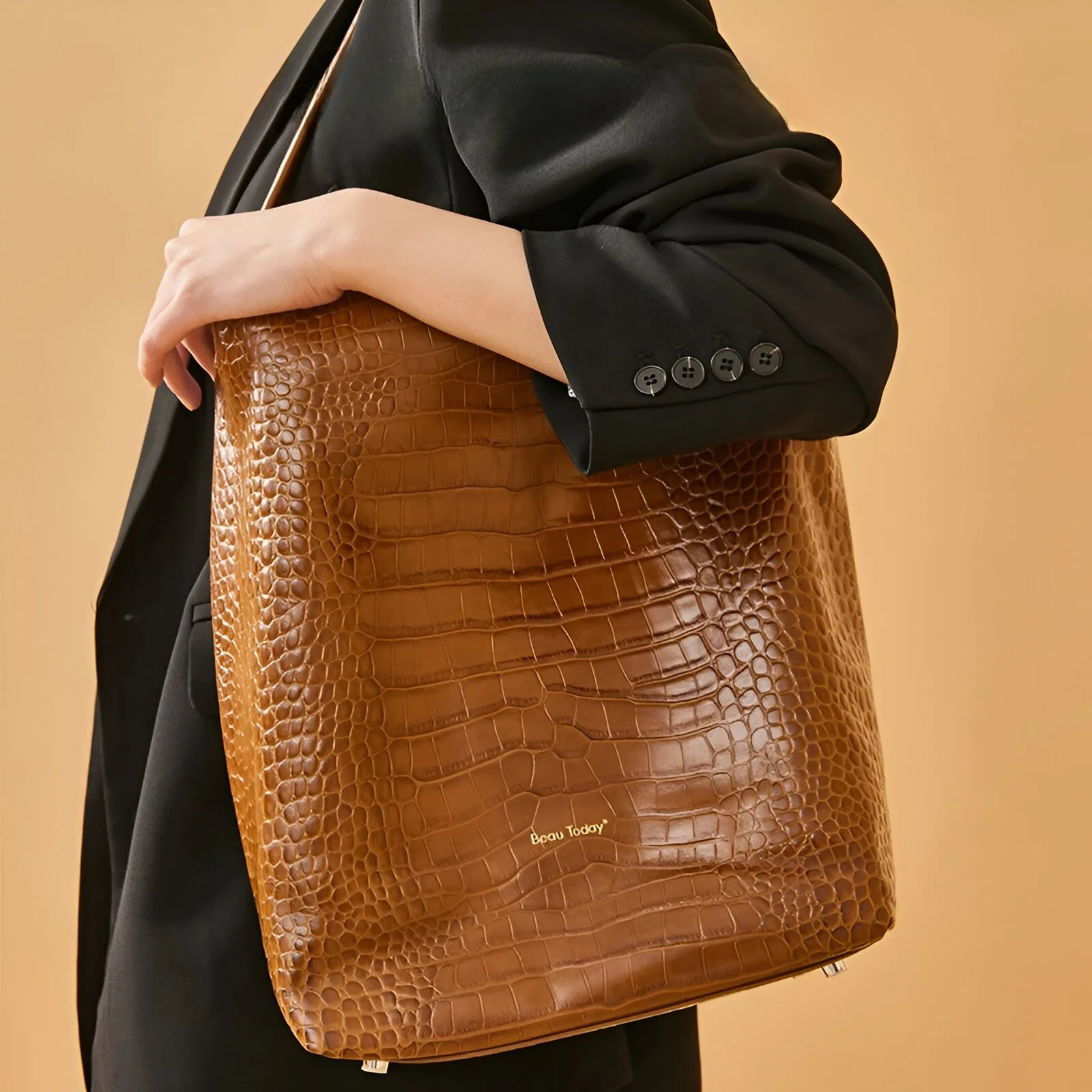 Genuine Leather Alligator Print Bucket Bag with Zipper