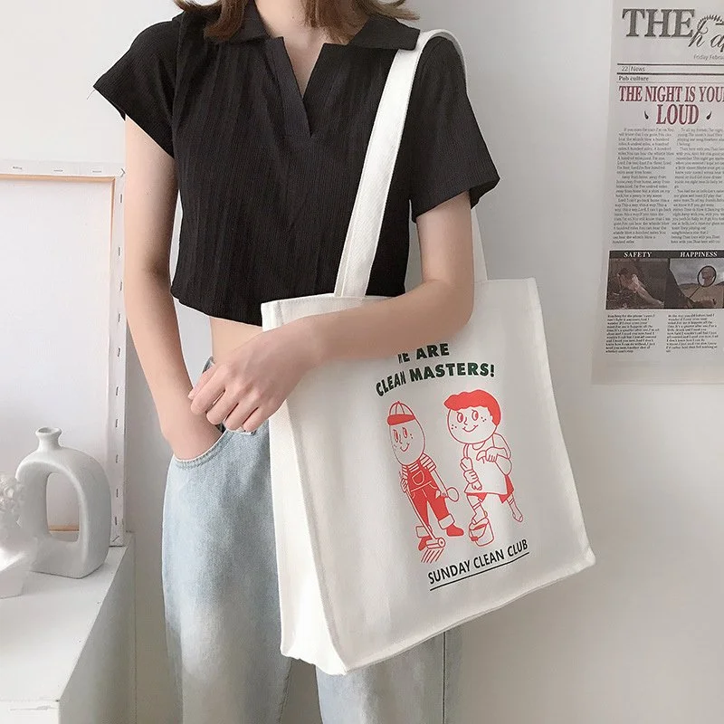 Cotton Canvas Tote Bag with Cartoon Print – Large Twill Shoulder Shopping Bag