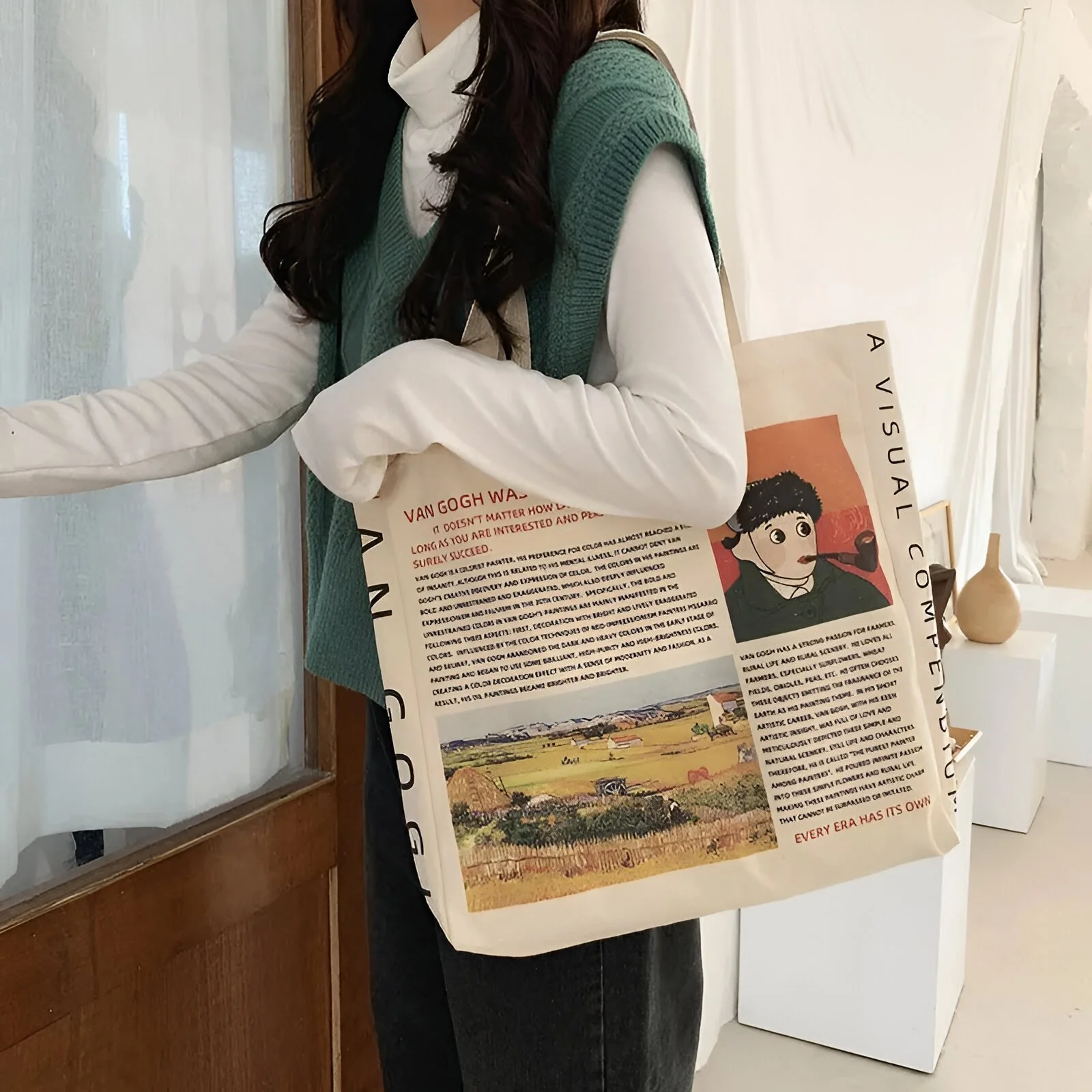 Vintage Canvas Tote Bag with Van Gogh Print