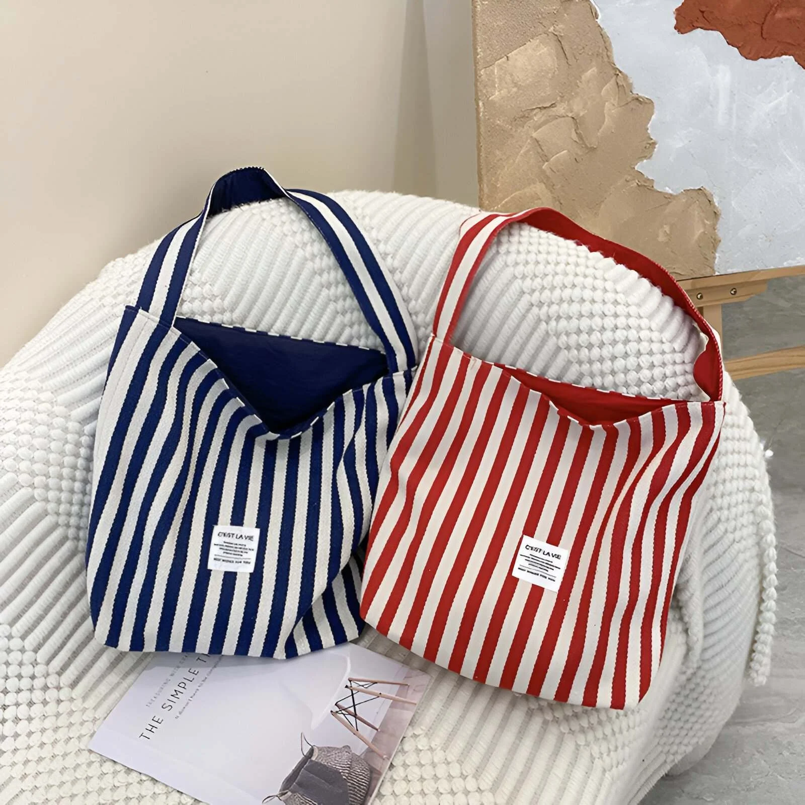 Reversible Canvas Shoulder Bag for Women – Striped & Letter Print Tote