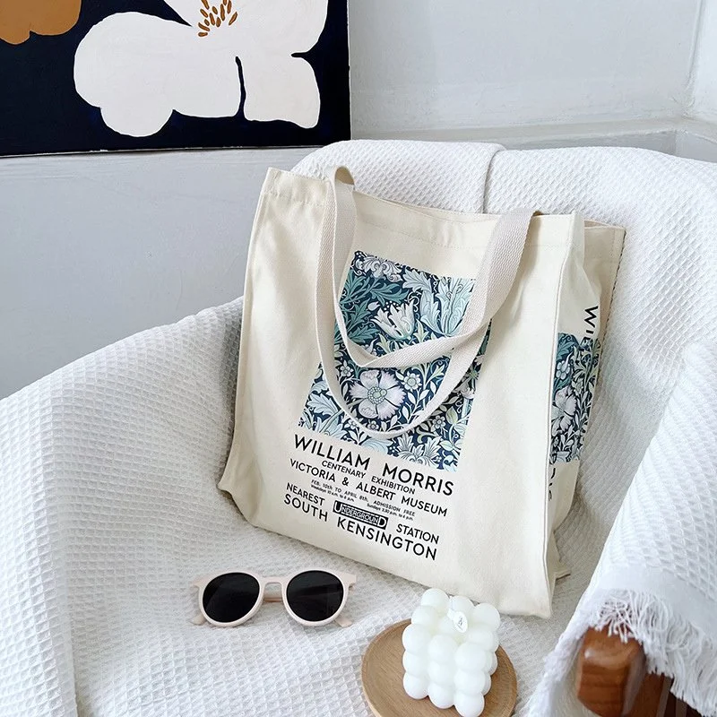 Vintage Floral Canvas Tote Bag – Large Zipper Shoulder Handbag for Women