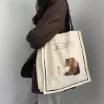 Canvas Shoulder Tote with Girl & Bear Print