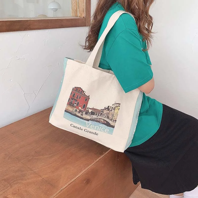 Venice Print Eco Canvas Tote Bag – Large Capacity Cotton Shoulder Handbag
