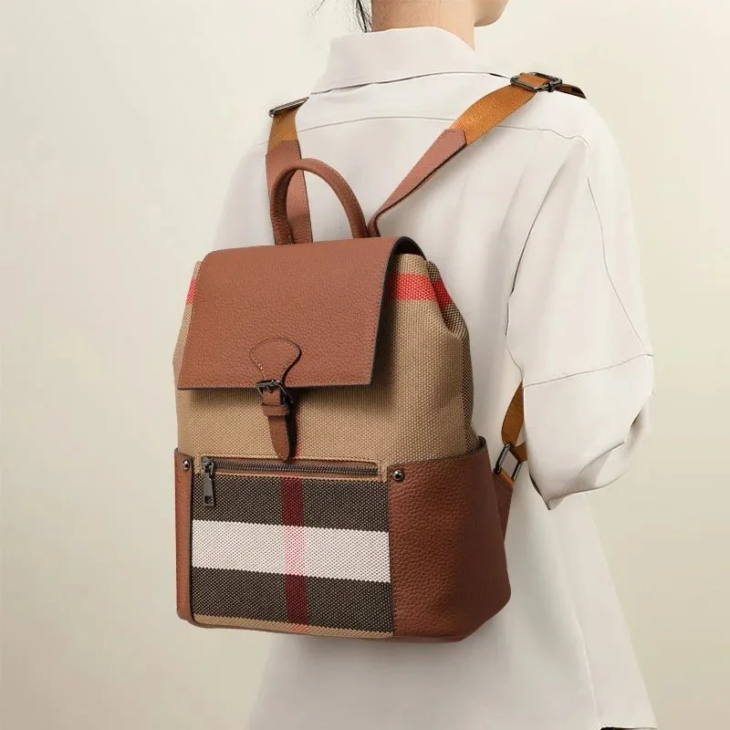 Large Capacity Plaid Canvas Leather Shoulder Backpack for Women