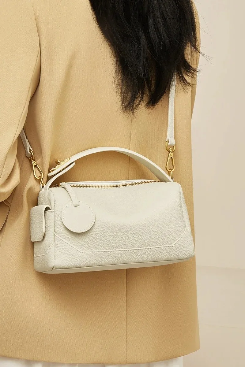 Genuine Leather Barrel-Shaped Crossbody Bag for Women
