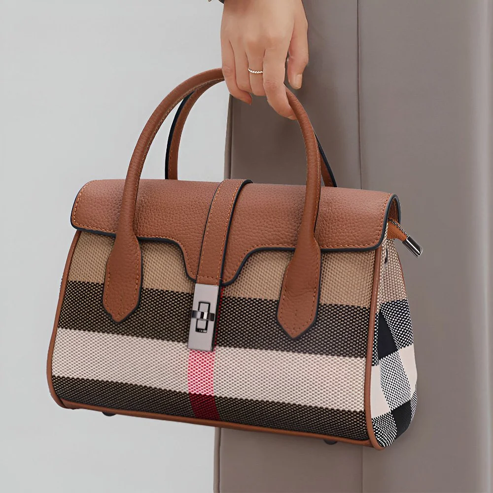 Classic Plaid Canvas Shoulder Bag – Large Capacity Handbag for Women