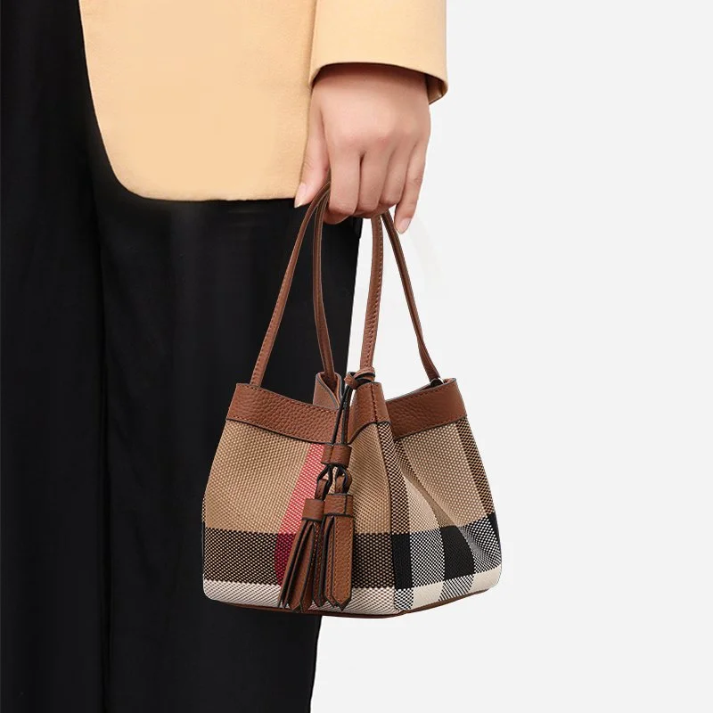 Women's Plaid Canvas & Cowhide Mini Bucket Handbag