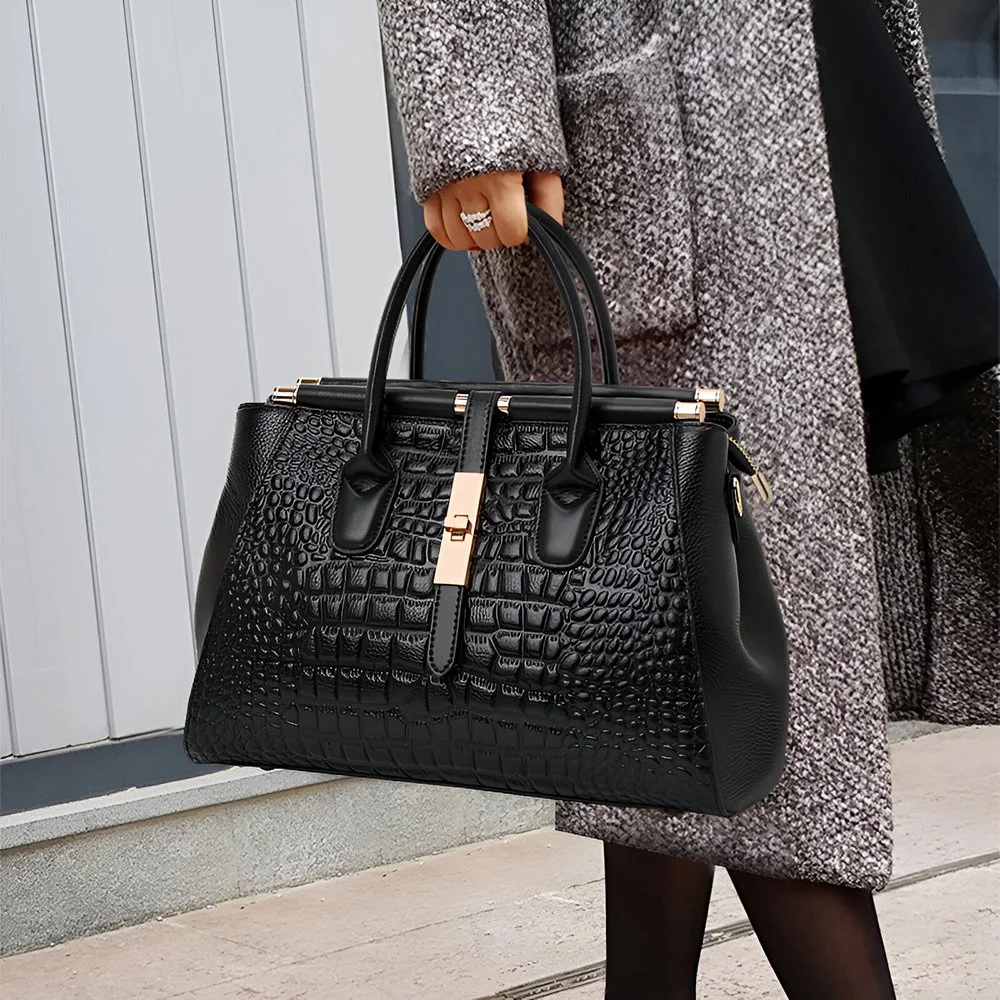 Luxury Crocodile Pattern Leather Handbag for Women – Large Capacity Boston Bag