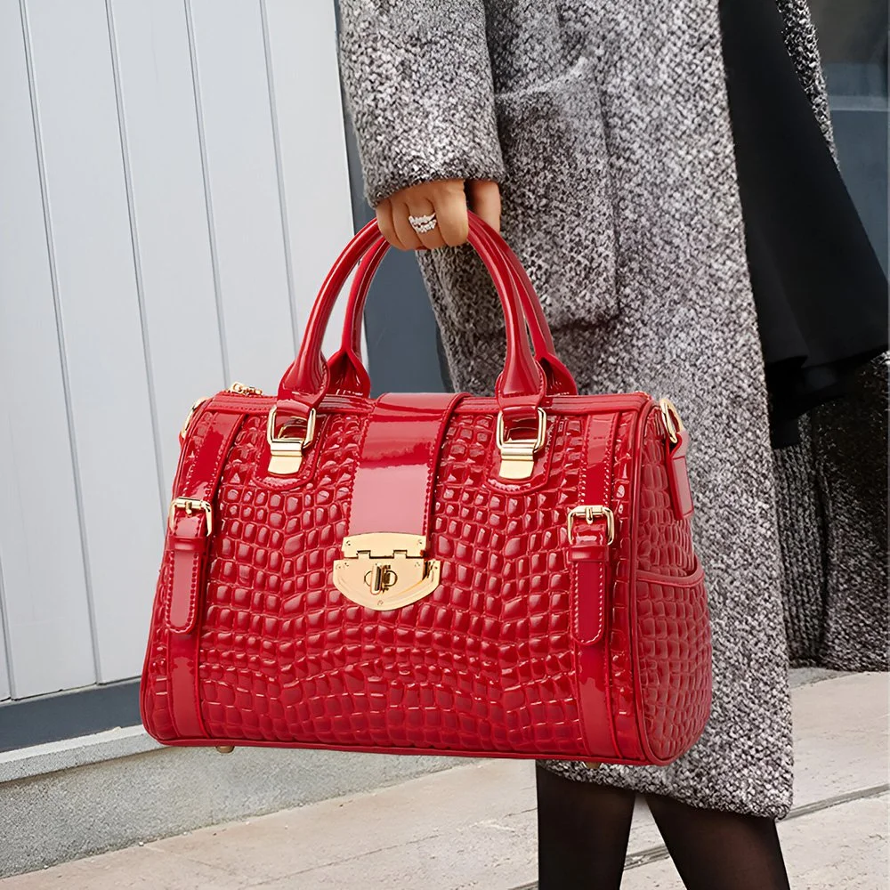 Red Crocodile Pattern Leather Boston Bag – Chic Women's Shoulder Handbag